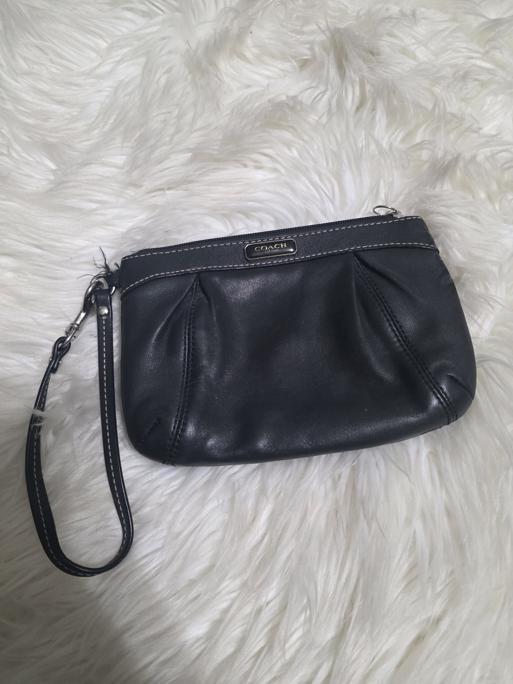 Coach Black Pebbled Leather Wristlet Clutch with White Stitching